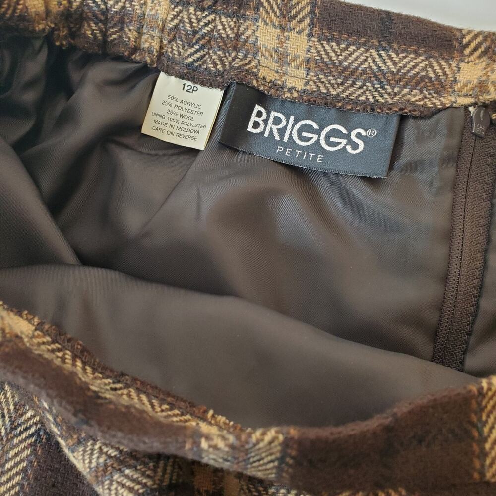 VTG Y2K Briggs Petites Womens Brown Plaid Midi Skirt Lined Wool Blend SZ 12P - Picture 4 of 11